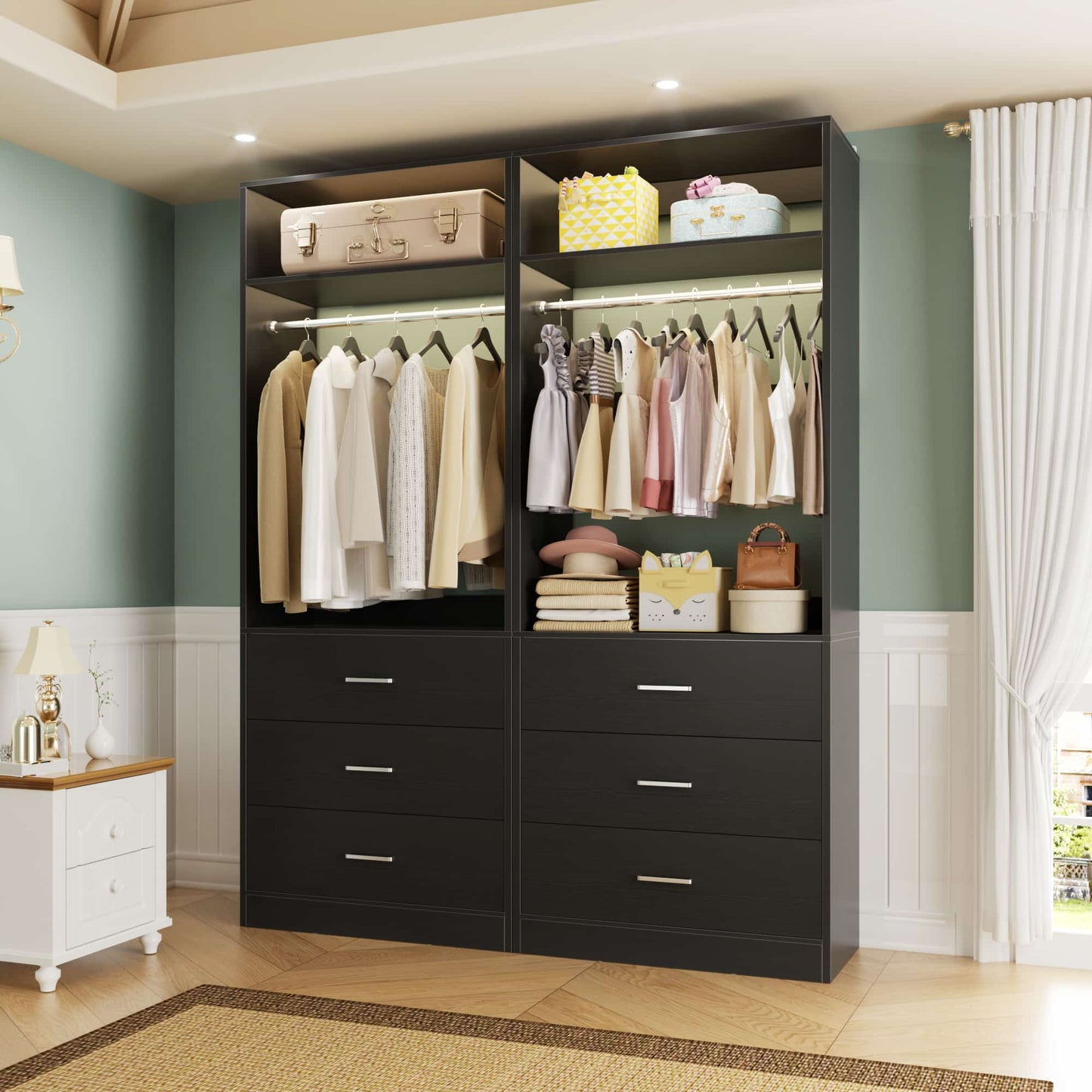 4FT (48 Inch) Closet Organizer System,Set of 2 - 6 Wood Drawers, 2 Hanging Rods & 2 Shelves
