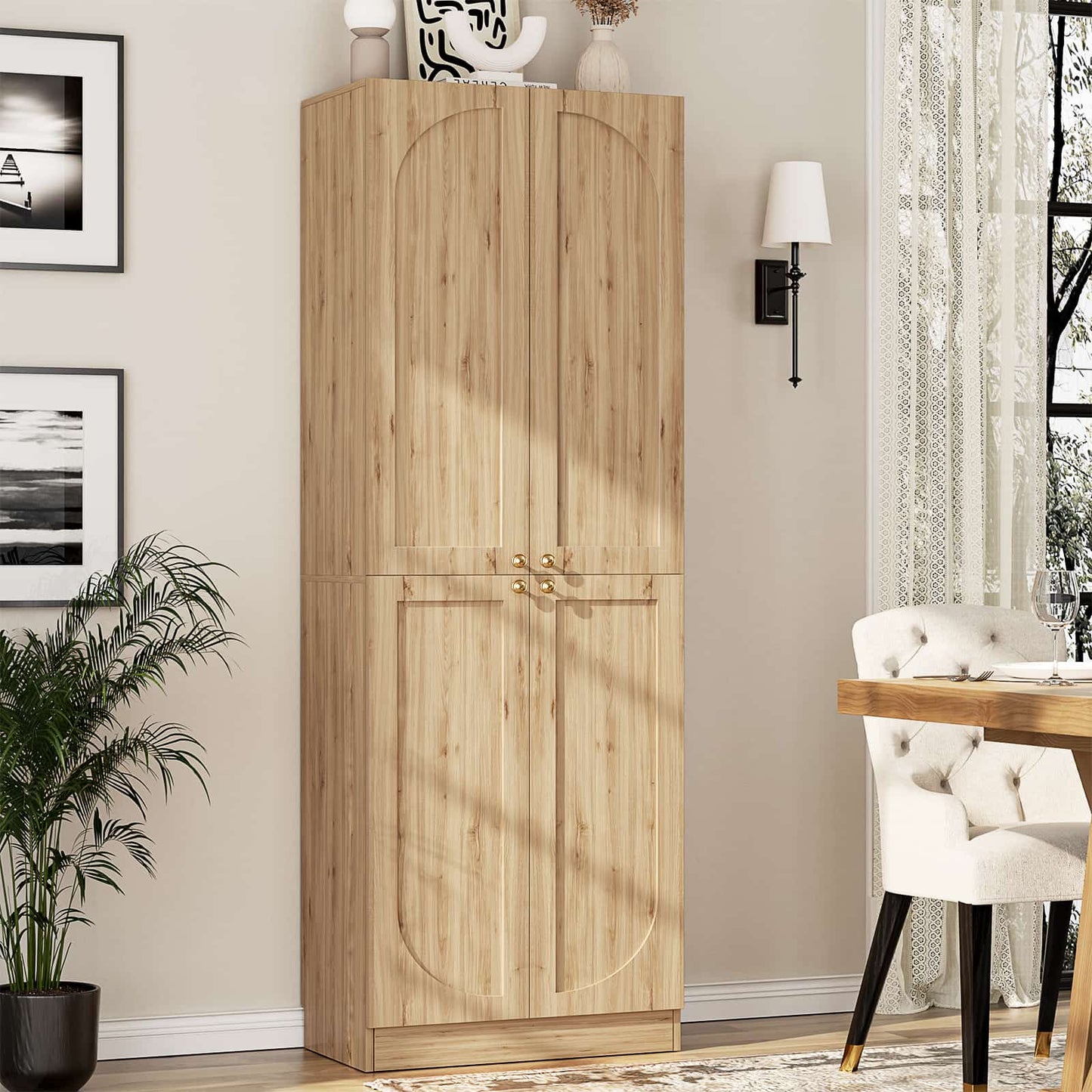 80" Kitchen Pantry, Extra Tall Arch Storage Cabinet with 4 Doors and Adjustable Shelves