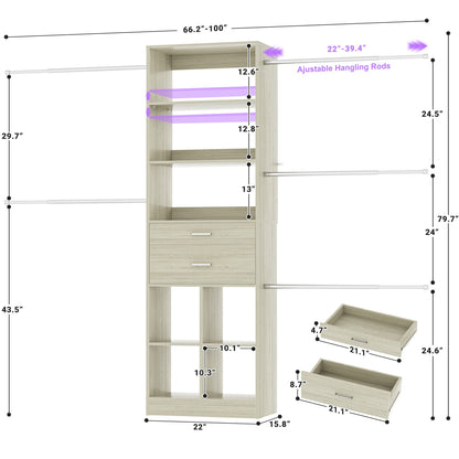 4-8 FT Walk-in Closet Organizer Tower, 2 Wooden Drawers + 5 Hang Rods, Built-in Shelves, Fit 60-96'' Closet Systems