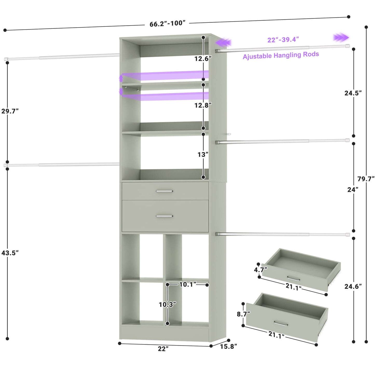 4-8 FT Walk-in Closet Organizer Tower, 2 Wooden Drawers + 5 Hang Rods, Built-in Shelves, Fit 60-96'' Closet Systems