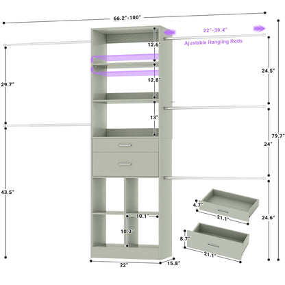 4-8 FT Walk-in Closet Organizer Tower, 2 Wooden Drawers + 5 Hang Rods, Built-in Shelves, Fit 60-96'' Closet Systems