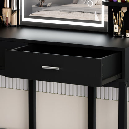 Vanity Desk with LED Lighted Mirror, Makeup Desk with 5 Storage Shelves & 2 Drawers, Vanity Table, Modern Dressing Table with 3 Color Lighting