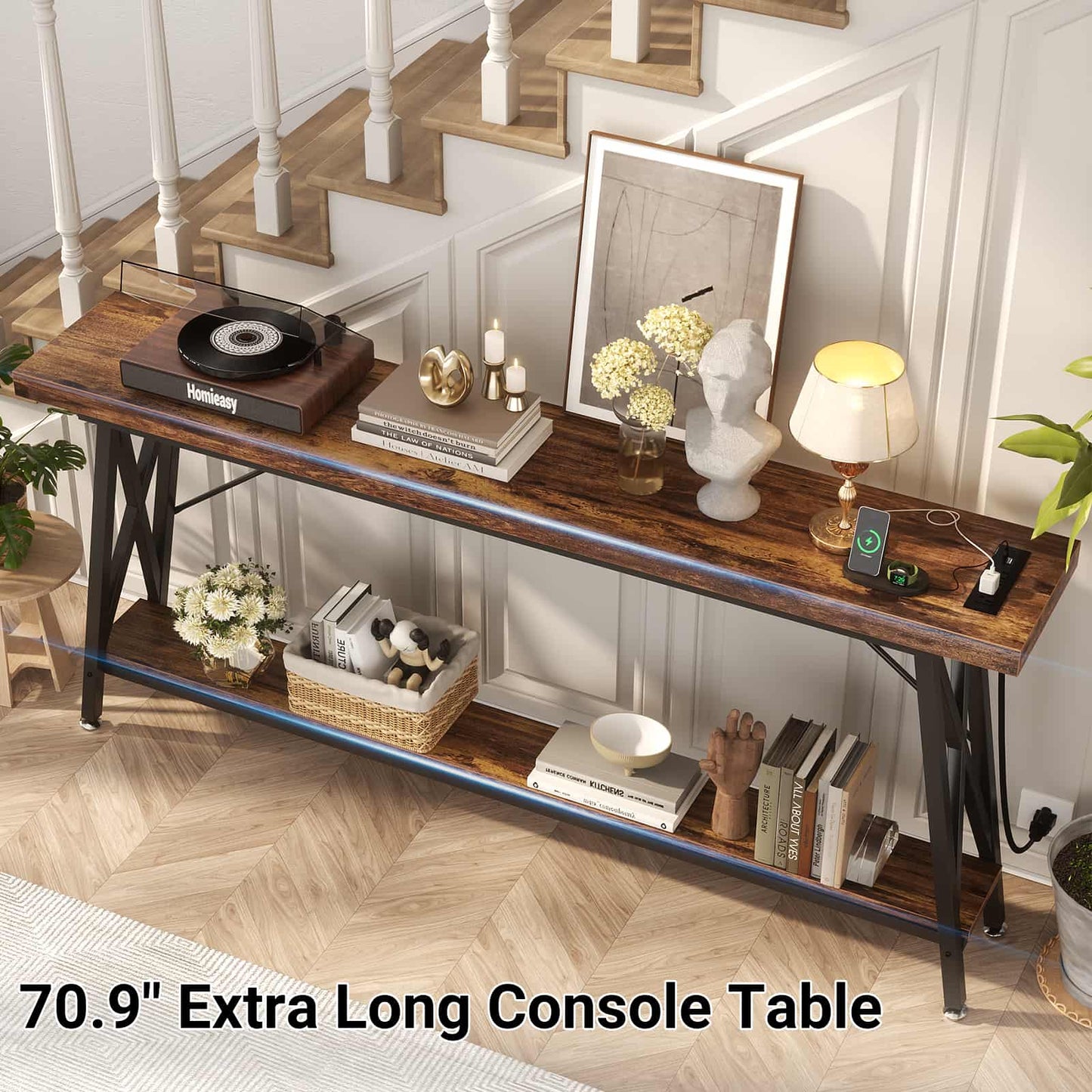 Console Table with Charging Station, 70.9 Inch Extra Long Sofa Table