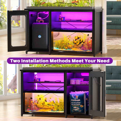 Heavy Duty 55-75 Gallon Aquarium Stand with Power Outlets, LED Light & Storage Cabinet - Reversible Metal Fish Tank Stand, 880LBS Capacity