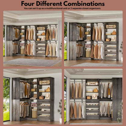96"-128" 2-Piece Freestanding Closet System, Corner Wardrobe Organizer with Drawers & Shelves for Bedroom/Living Room