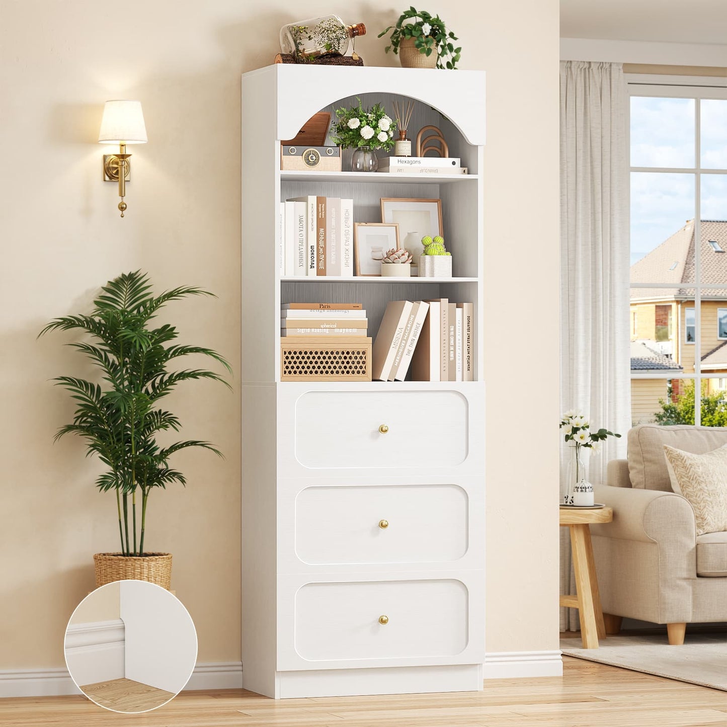 80" Tall Arched Bookcase with 3 Drawers & 3 Open Shelves - Wooden Storage Cabinet for Living Room, Kitchen