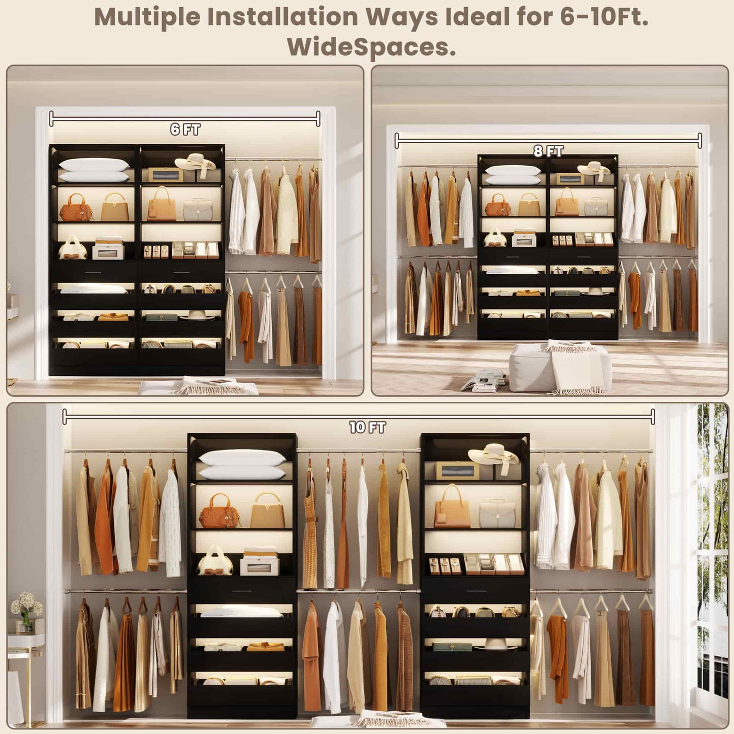 2-Pack Closet Organizer System: Dual 4-9Ft Adjustable Wardrobe Racks with 8 Wooden Drawers, Double Tower Storage, 8 Hanging Rods & Garment Racks ﻿
