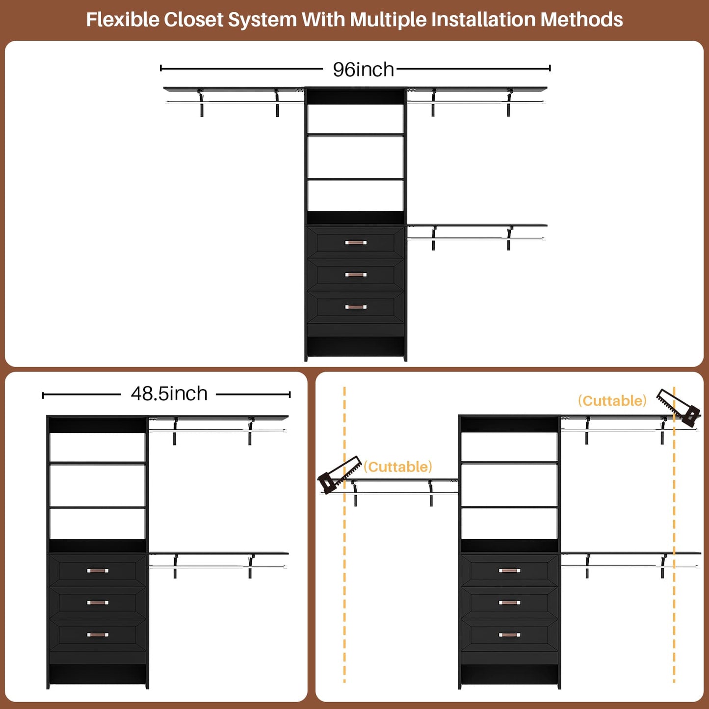 96'' W Closet Organizer System With Wooden Drawers