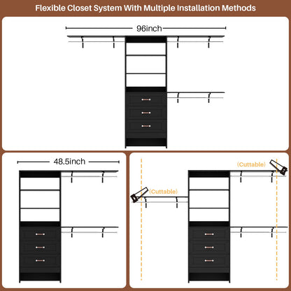 96'' W Closet Organizer System With Wooden Drawers