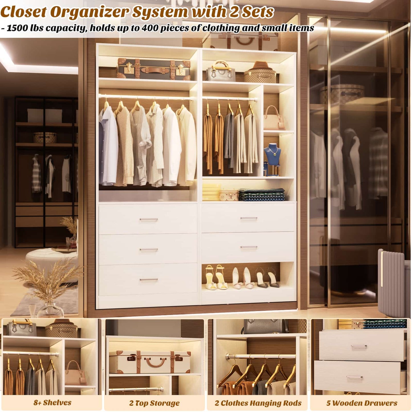 63.2" L X 39.2" W X 80" H Corner Closet System,Freestanding Closet Organizer System With 2 Drawers & 12 Shelves