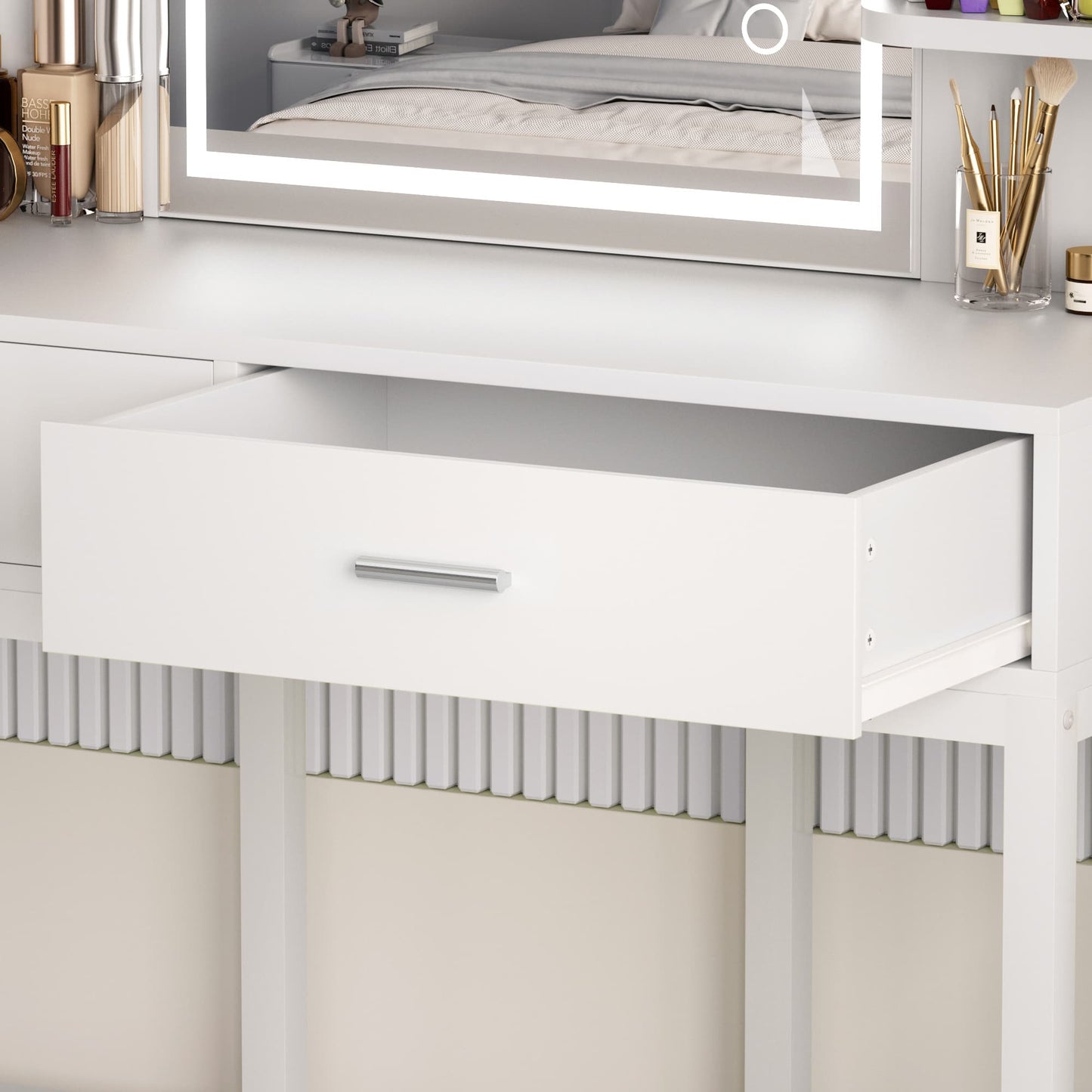 Vanity Desk with LED Lighted Mirror, Makeup Desk with 5 Storage Shelves & 2 Drawers, Vanity Table, Modern Dressing Table with 3 Color Lighting