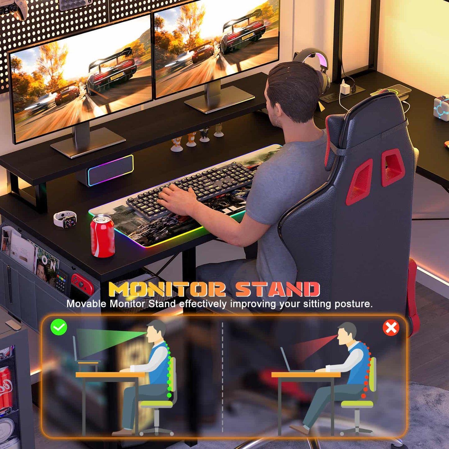 L Shaped Computer Desk with Power Outlets & LED Lights