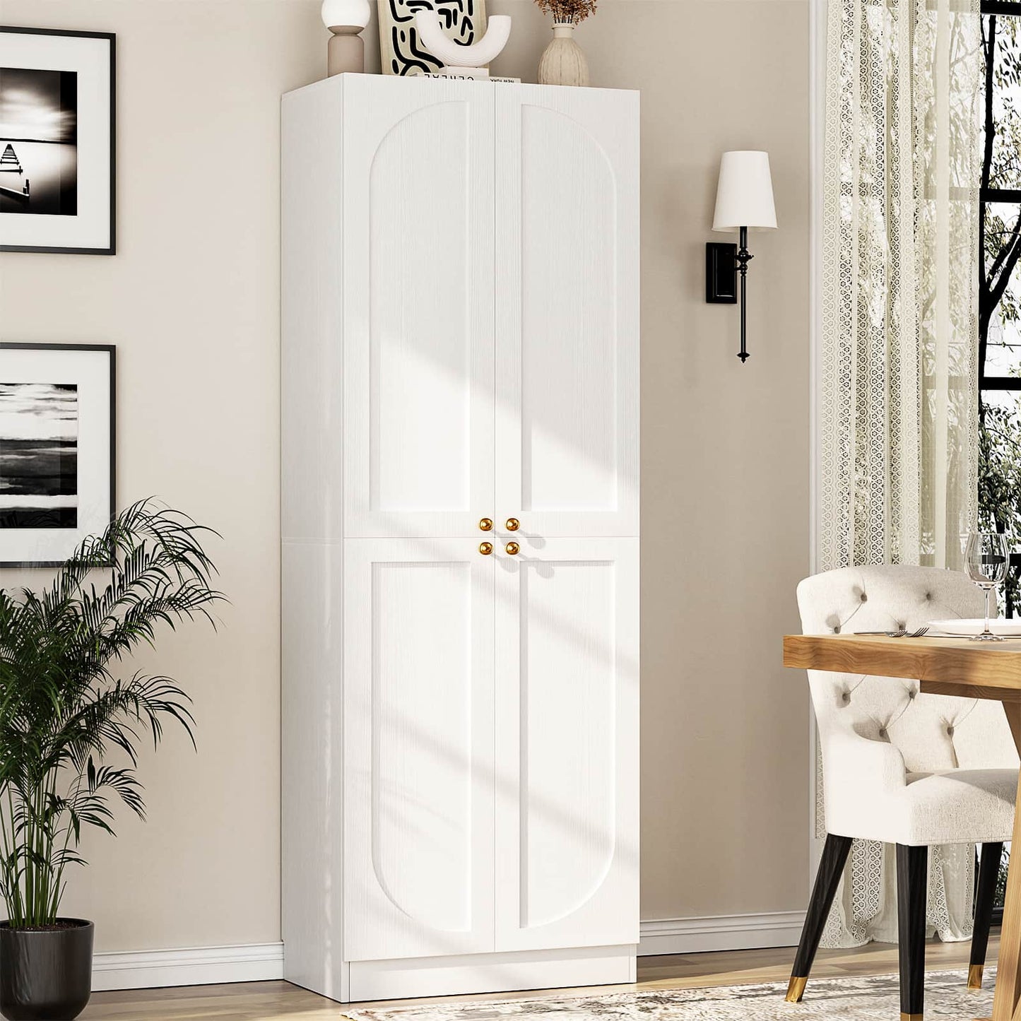 80" Kitchen Pantry, Extra Tall Arch Storage Cabinet with 4 Doors and Adjustable Shelves