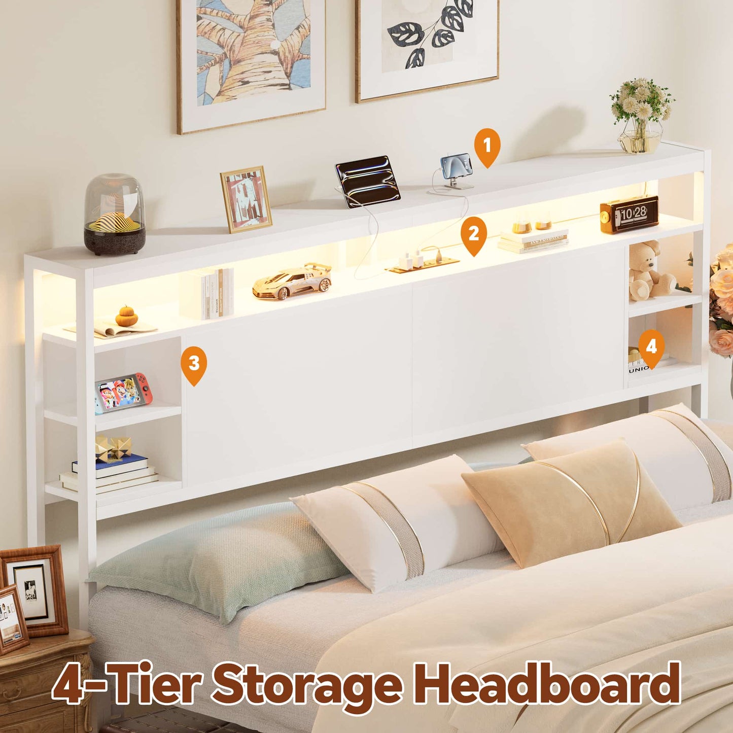 King Headboard with Storage, Headboards with Power Outlets and Smart LED Light, Sturdy Head Board for King Size Bed