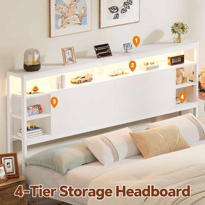 King Headboard with Storage, Headboards with Power Outlets and Smart LED Light, Sturdy Head Board for King Size Bed