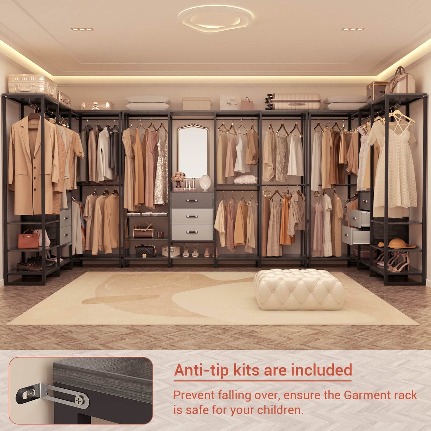 Closet System Organizer Walk-in Closet for Bedroom with 3 Wood Drawers