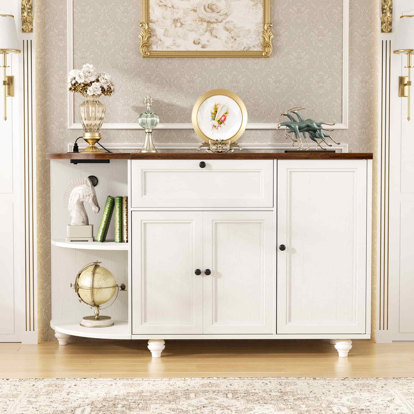 Kitchen Sideboard Cabinet Buffet Table with Power Outlets, 55"Coffee Bar Cabinet with Drawer, Wine Rack/Shelves