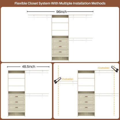 96'' W Closet Organizer System With Wooden Drawers