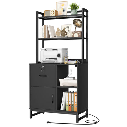 Vertical Filing Cabinet with Lock & Charging Station, Large Drawer Wood File Cabinet with Bookshelf, Printer Stand with Open Storage Shelf