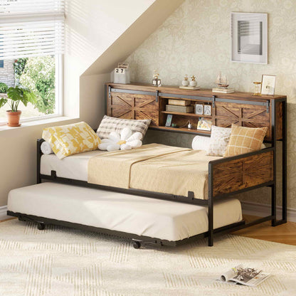 Twin Size Daybed with Trundle, Daybed with Charging Station & Storage Headboard, Heavy Duty Metal Sofa Bed Frame with Pop-up Trundle