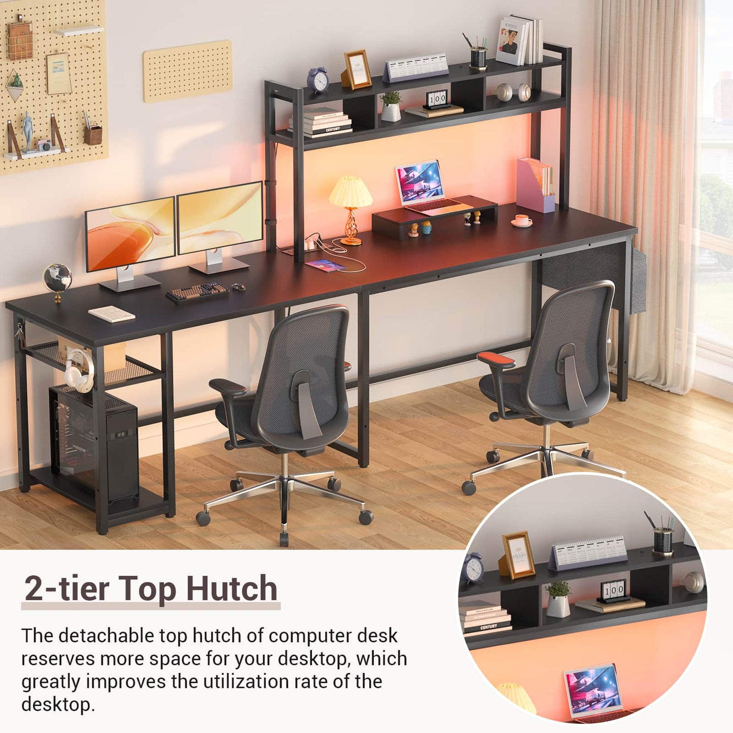 L Shaped Desk with Power Outlet, LED Strip, Storage Shelf