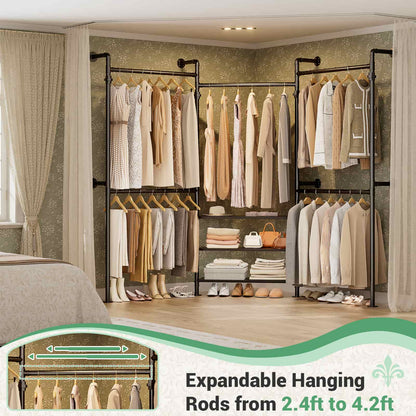 84"-128" Adjustable Metal Pipe Clothing Rack Wall-Mounted,Industrial Garment Rack with 3-Tier Wooden Shelves,Heavy-Duty 1000LBS Capacity