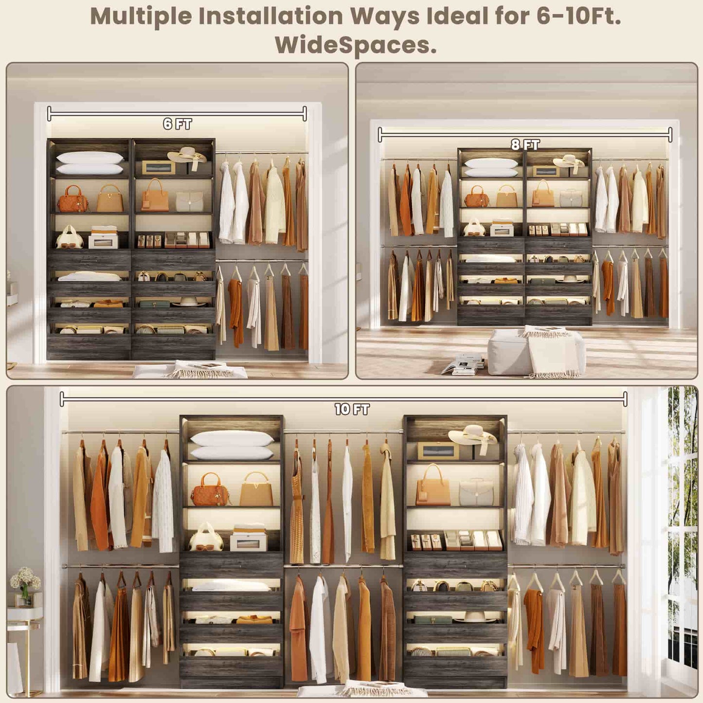 2-Pack Closet Organizer System: Dual 4-9Ft Adjustable Wardrobe Racks with 8 Wooden Drawers, Double Tower Storage, 8 Hanging Rods & Garment Racks ﻿