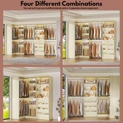 96"-128" 2-Piece Freestanding Closet System, Corner Wardrobe Organizer with Drawers & Shelves for Bedroom/Living Room