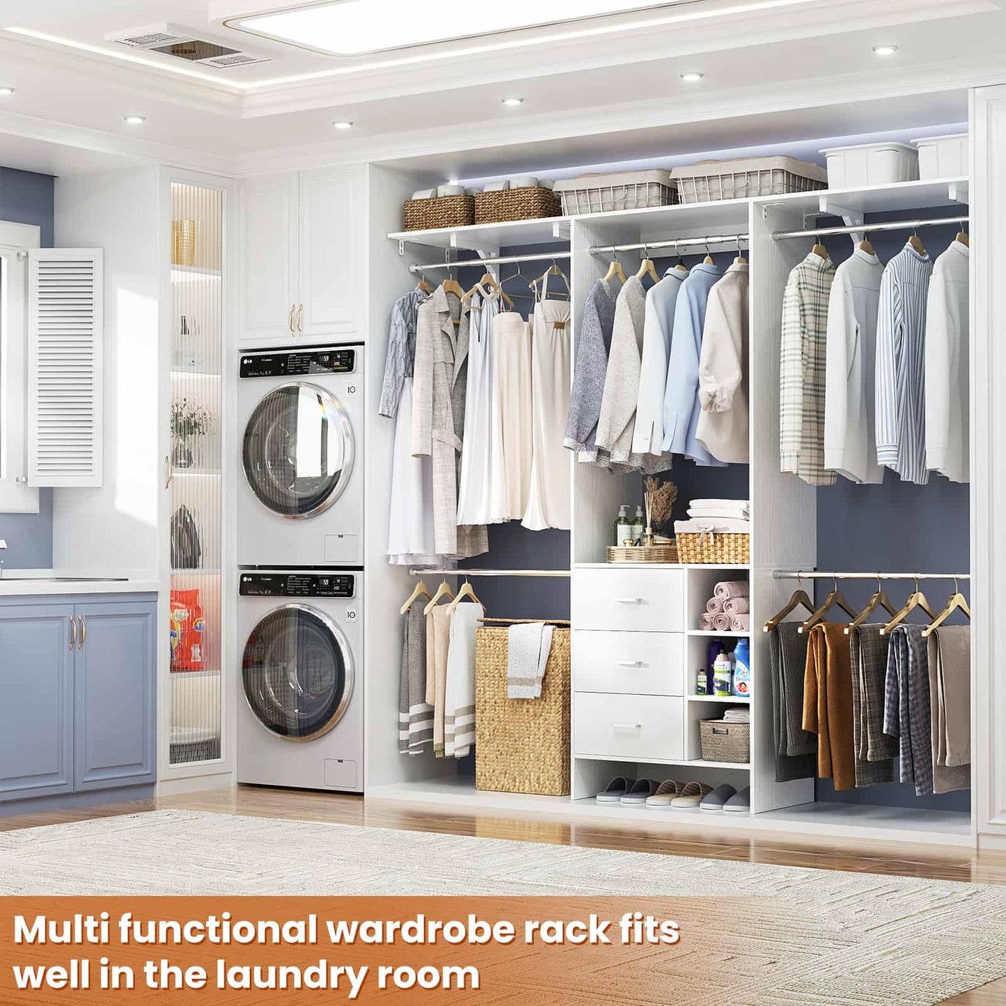 8FT Walk-in Armoire Closet Organizer with 3 Wooden Drawers & Hanging Rods, Adjustable Garment Rack for 5.3-9 ft Spaces,Wardrobe Storage Shelf