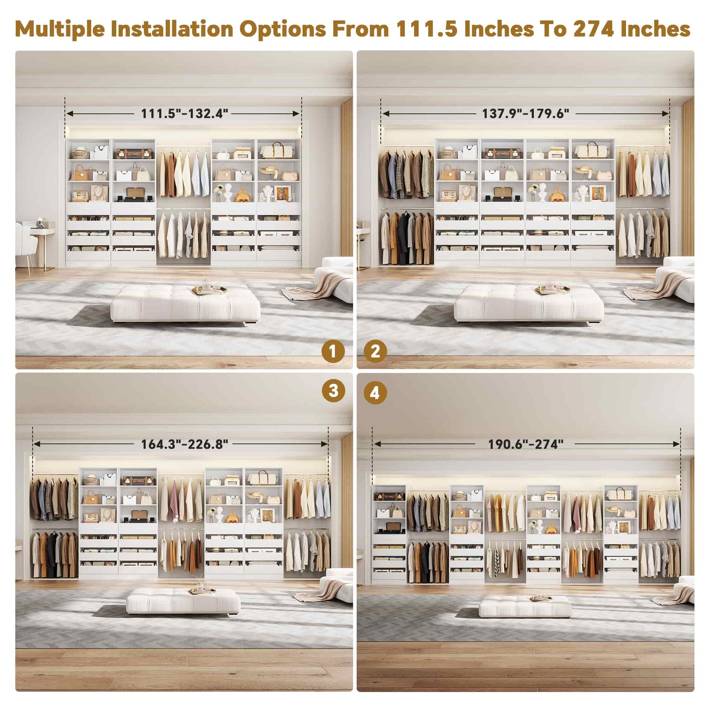 Modular Closet System 4-Pack, 12-24ft Expandable Walk-in Wardrobe Organizer with 16 Wooden Drawers & 16 Hanging Rods