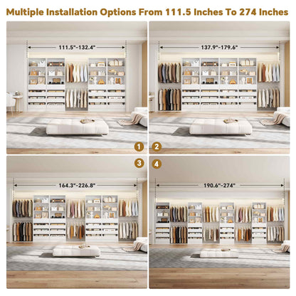 Modular Closet System 4-Pack, 12-24ft Expandable Walk-in Wardrobe Organizer with 16 Wooden Drawers & 16 Hanging Rods
