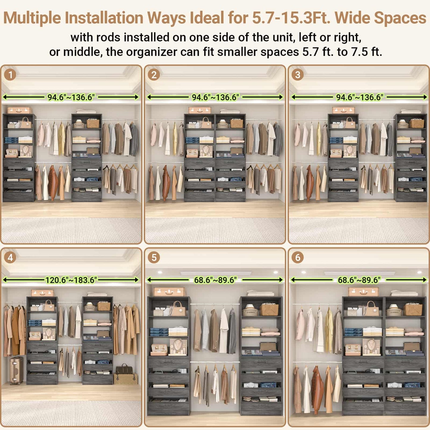 Adjustable Closet Organizer System (6-15Ft) with 8 Wooden Drawers & Modular Tower