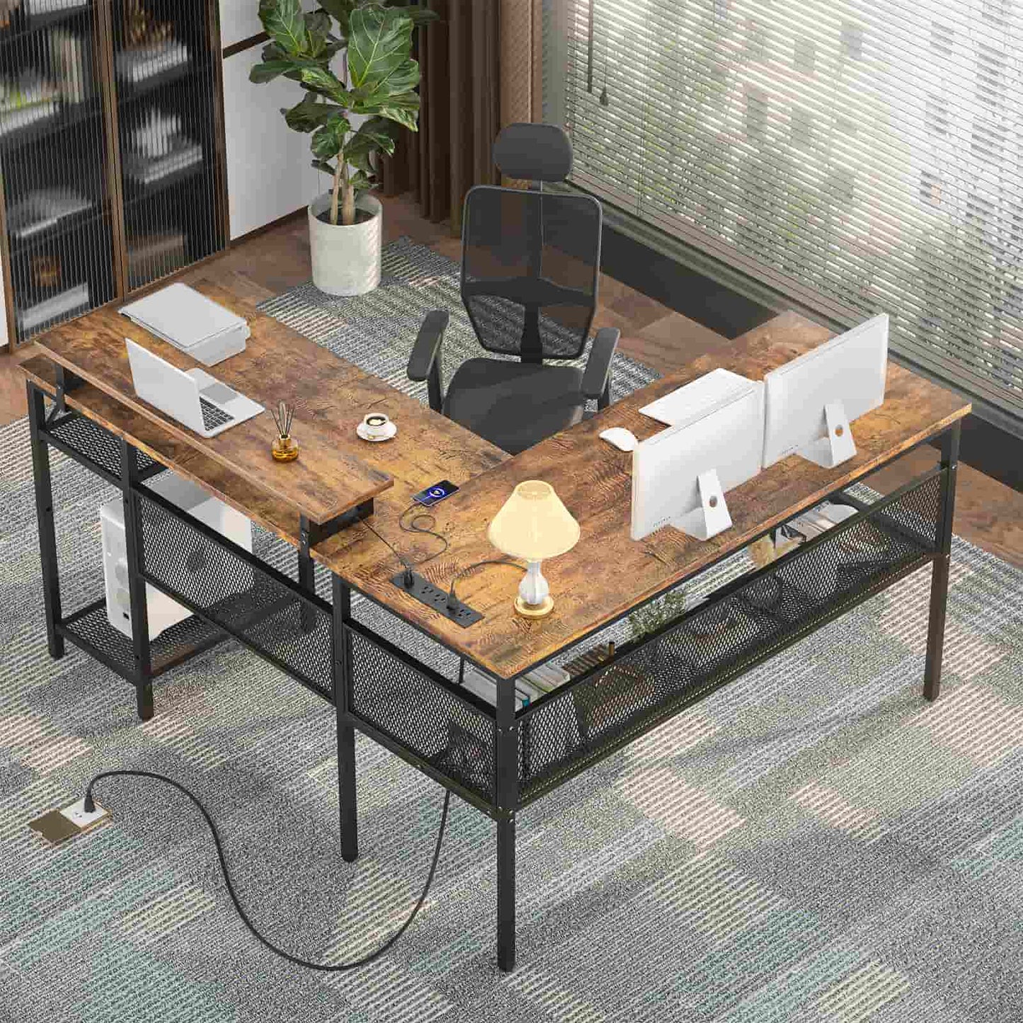 L Shaped Computer Desk with Magic Power Outlets and Smart LED Light