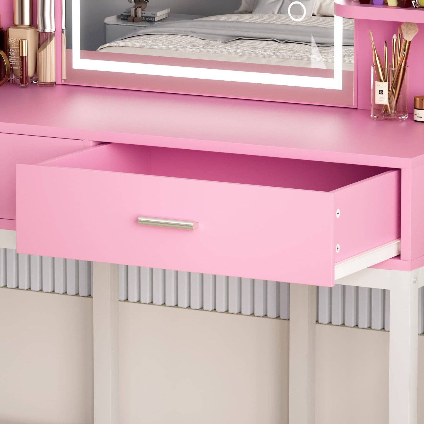 Vanity Desk with LED Lighted Mirror, Makeup Desk with 5 Storage Shelves & 2 Drawers, Vanity Table, Modern Dressing Table with 3 Color Lighting