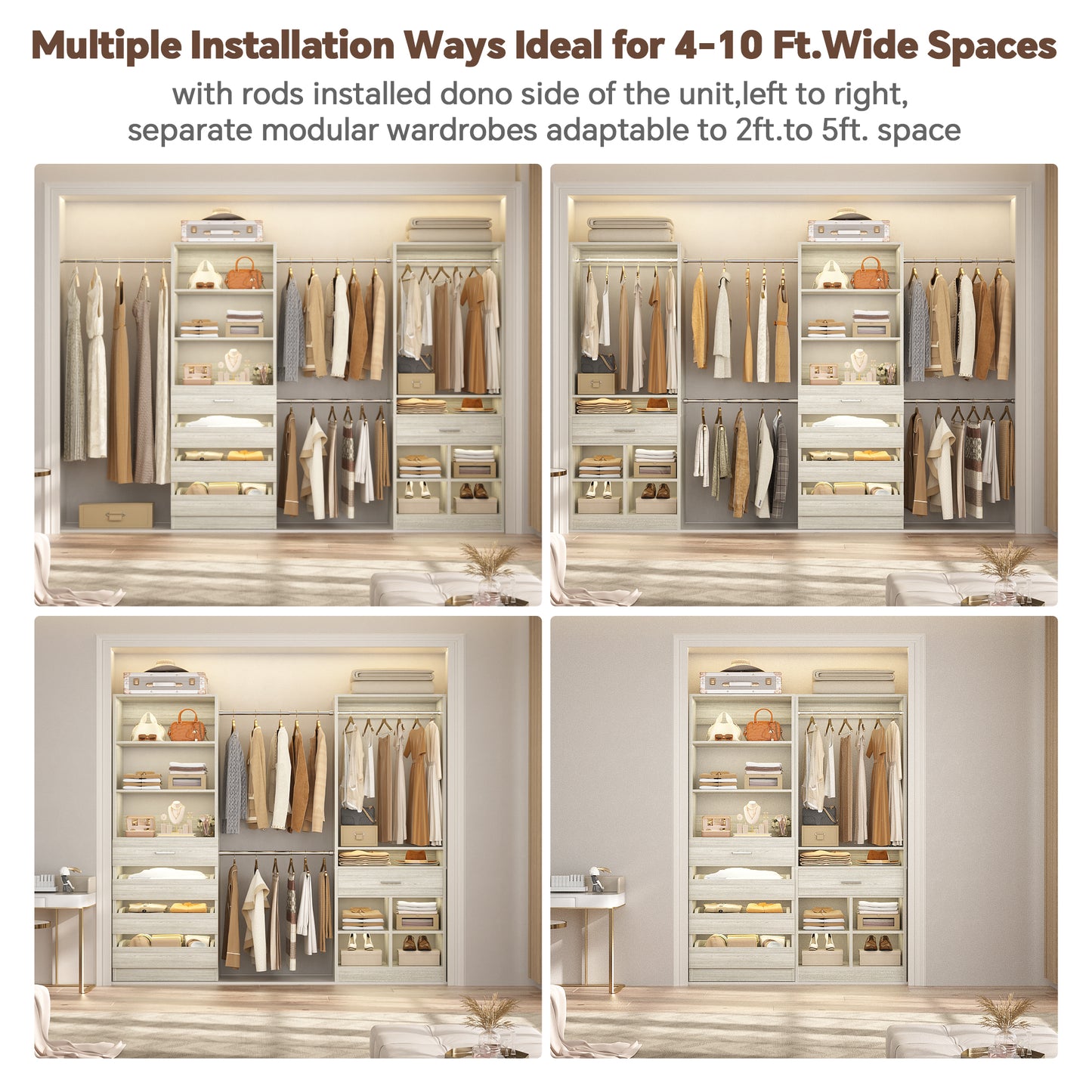 Freestanding Wardrobe Closet sets with 5 Wooden Drawers & 4 Hanging Rods, Cubby Storage & Tower Design