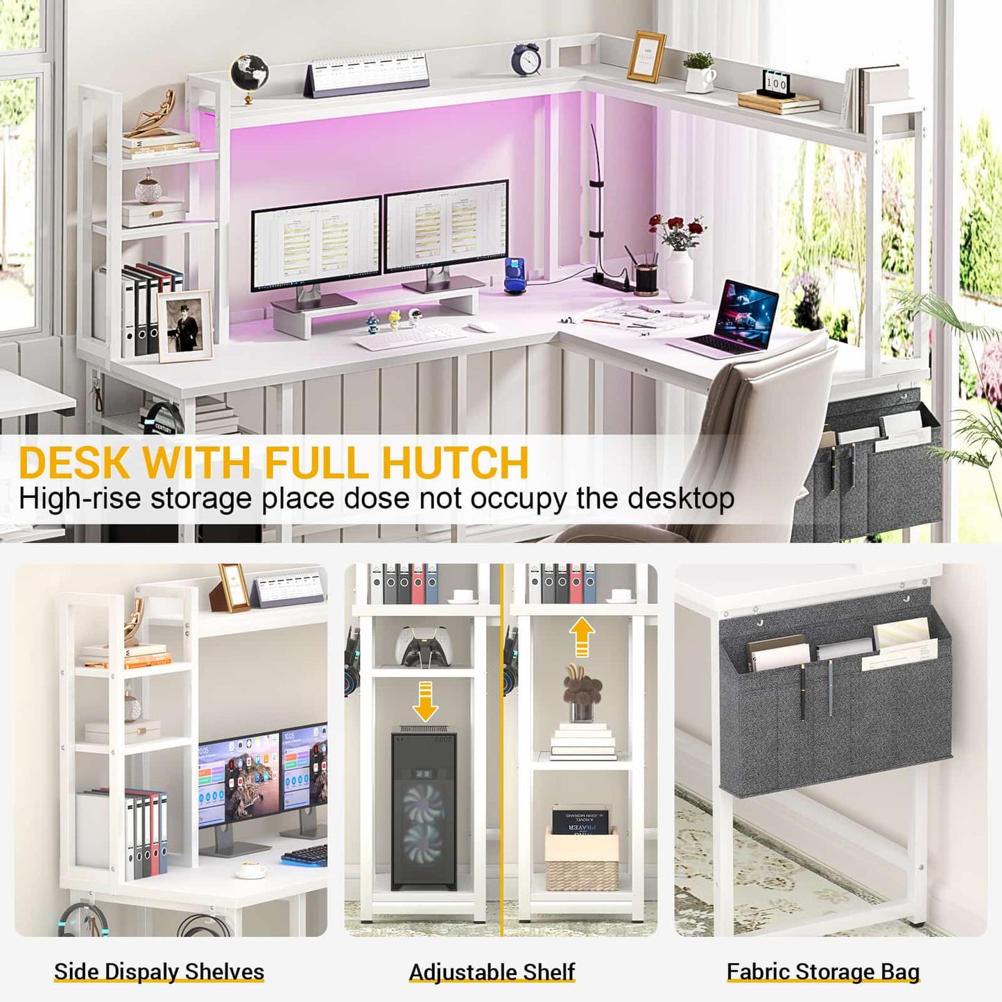 L Shaped Desk with Power Outlet and LED lights