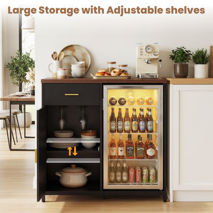 Coffee Bar Cabinet with Mini Fridge Space, Power Outlet, Drawer Storage and Wine Glass Holder - Versatile Liquor Wine Cabinet