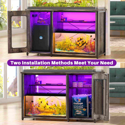 Heavy Duty 55-75 Gallon Aquarium Stand with Power Outlets, LED Light & Storage Cabinet - Reversible Metal Fish Tank Stand, 880LBS Capacity
