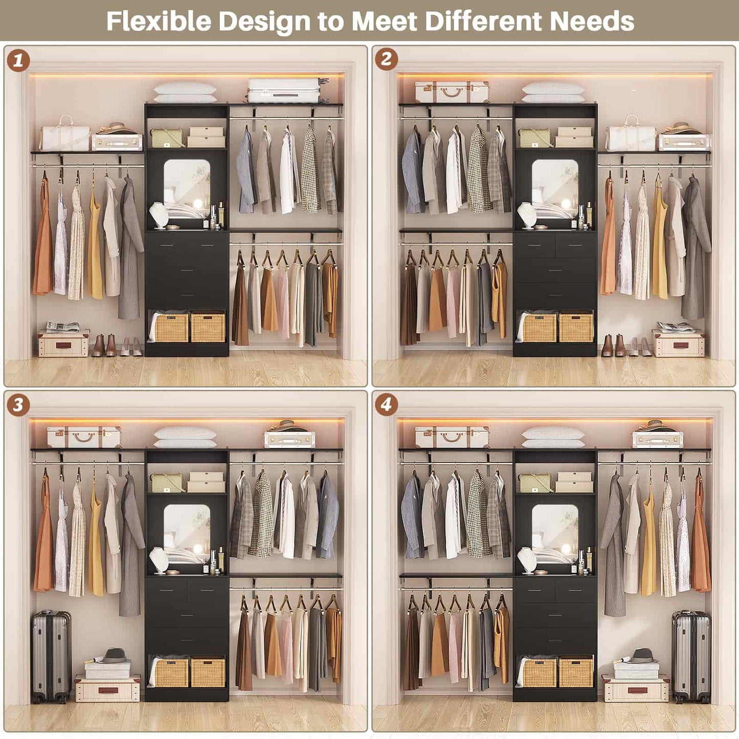 8FT Walk in Closet Organizer with 3 Hanging rods and Shelves