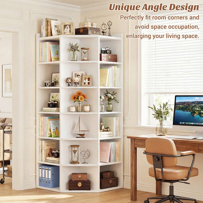 7-Tier Corner Cube Book Shelf - Wooden L-Shaped Storage Cabinet with Top Table for Small Spaces, Home Office, Bedroom, Living Room