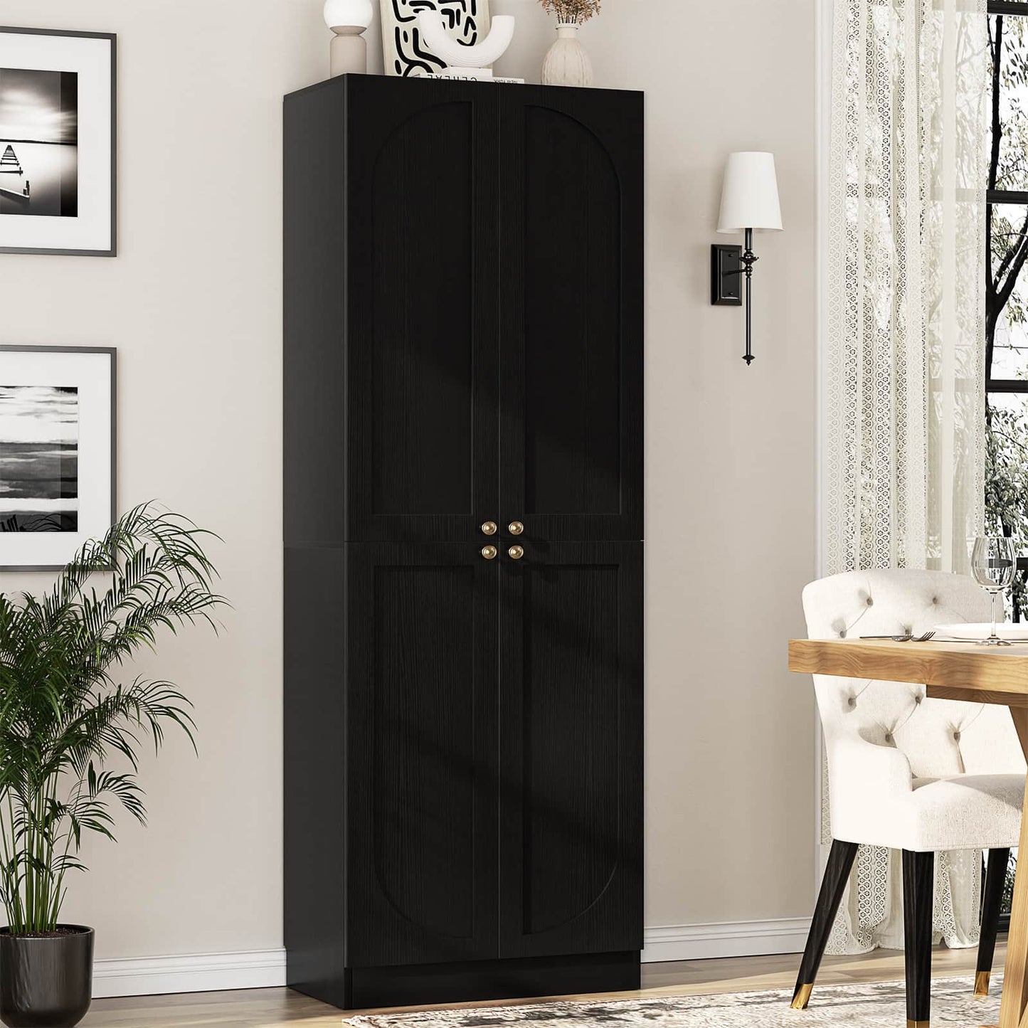 80" Kitchen Pantry, Extra Tall Arch Storage Cabinet with 4 Doors and Adjustable Shelves