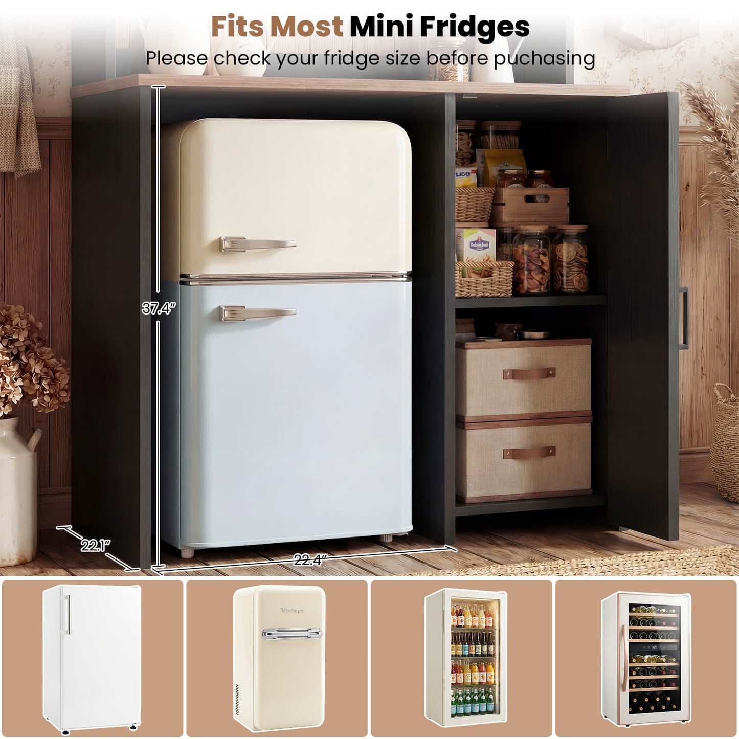 3-in-1 Mini Fridge Cabinet & Coffee Bar Station - with Power Outlet, LED Light, Microwave Shelf & Wine Storage