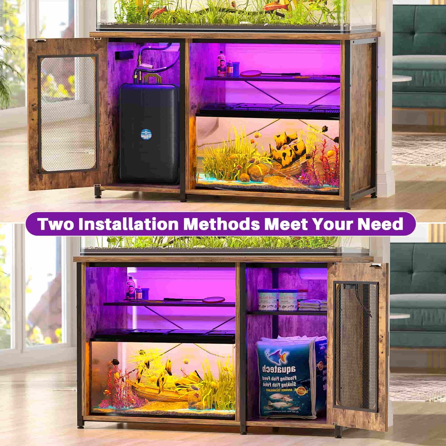 Heavy Duty 55-75 Gallon Aquarium Stand with Power Outlets, LED Light & Storage Cabinet - Reversible Metal Fish Tank Stand, 880LBS Capacity