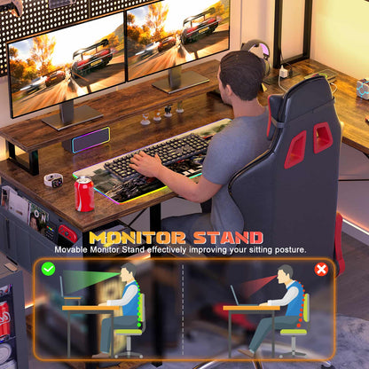 L Shaped Computer Desk with Power Outlets & LED Lights