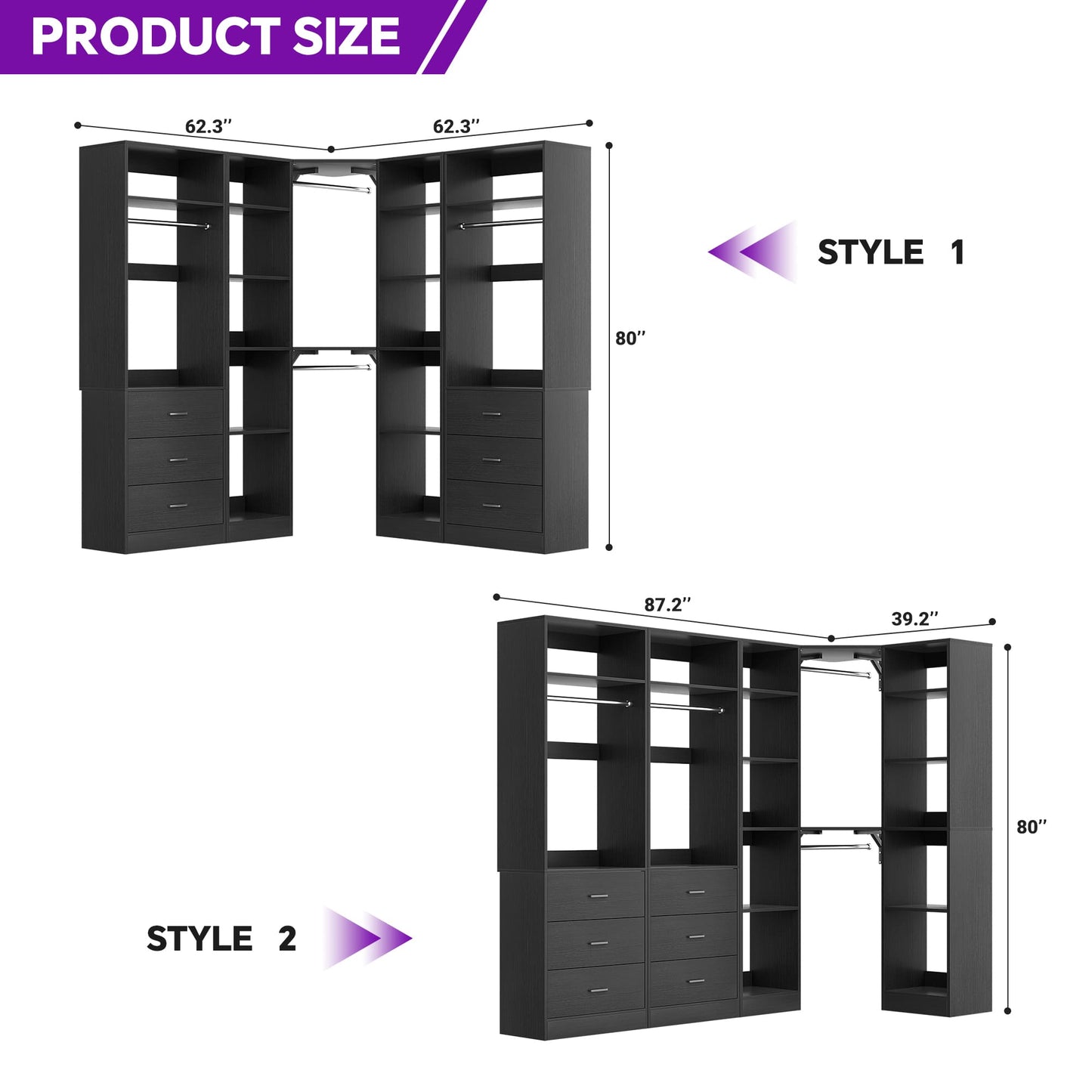 87.2" Freestanding Closet Organizer System - Modular L-Shaped Design,Reversible, 6 Drawers & 4 Hanging Rods, 2000+ LBS Capacity,3 Sets