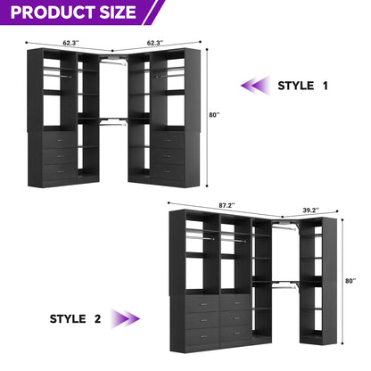 87.2" Freestanding Closet Organizer System - Modular L-Shaped Design,Reversible, 6 Drawers & 4 Hanging Rods, 2000+ LBS Capacity,3 Sets