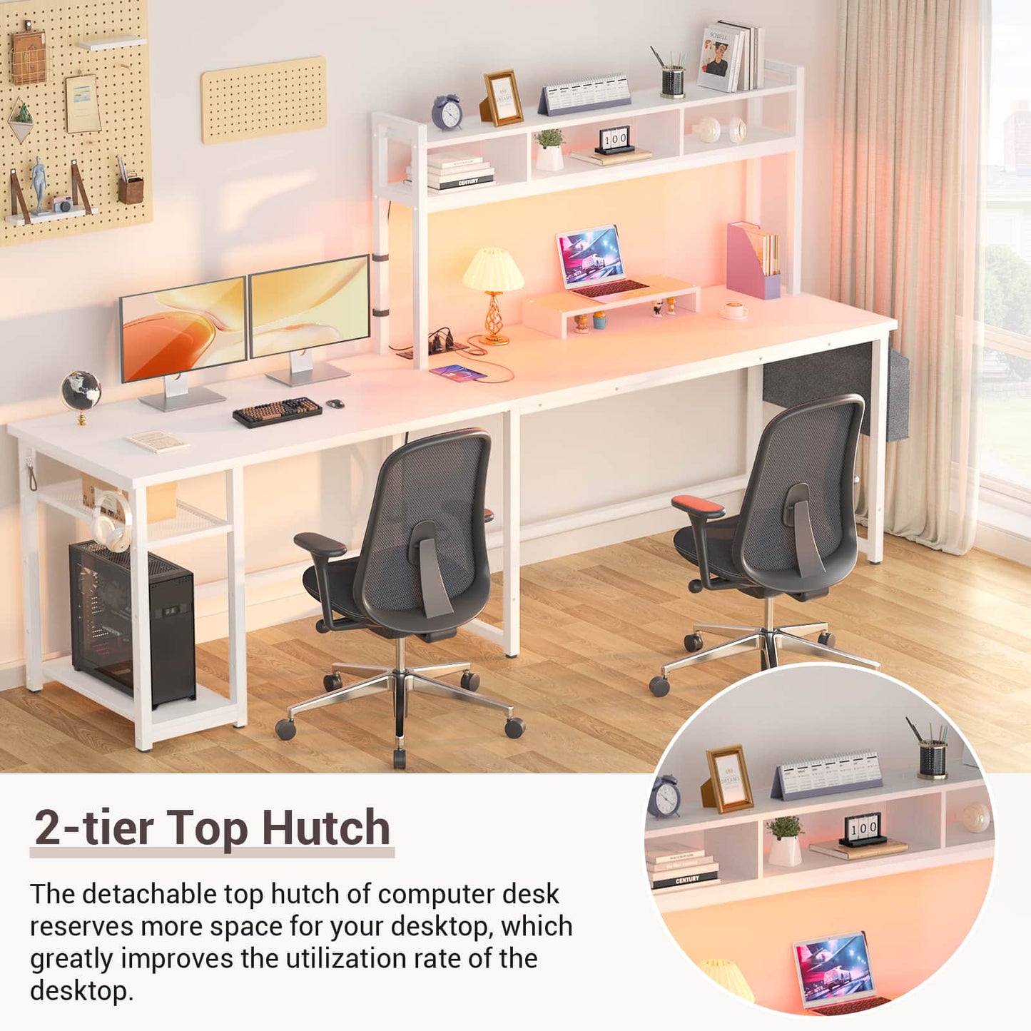 L Shaped Desk with Power Outlet, LED Strip, Storage Shelf