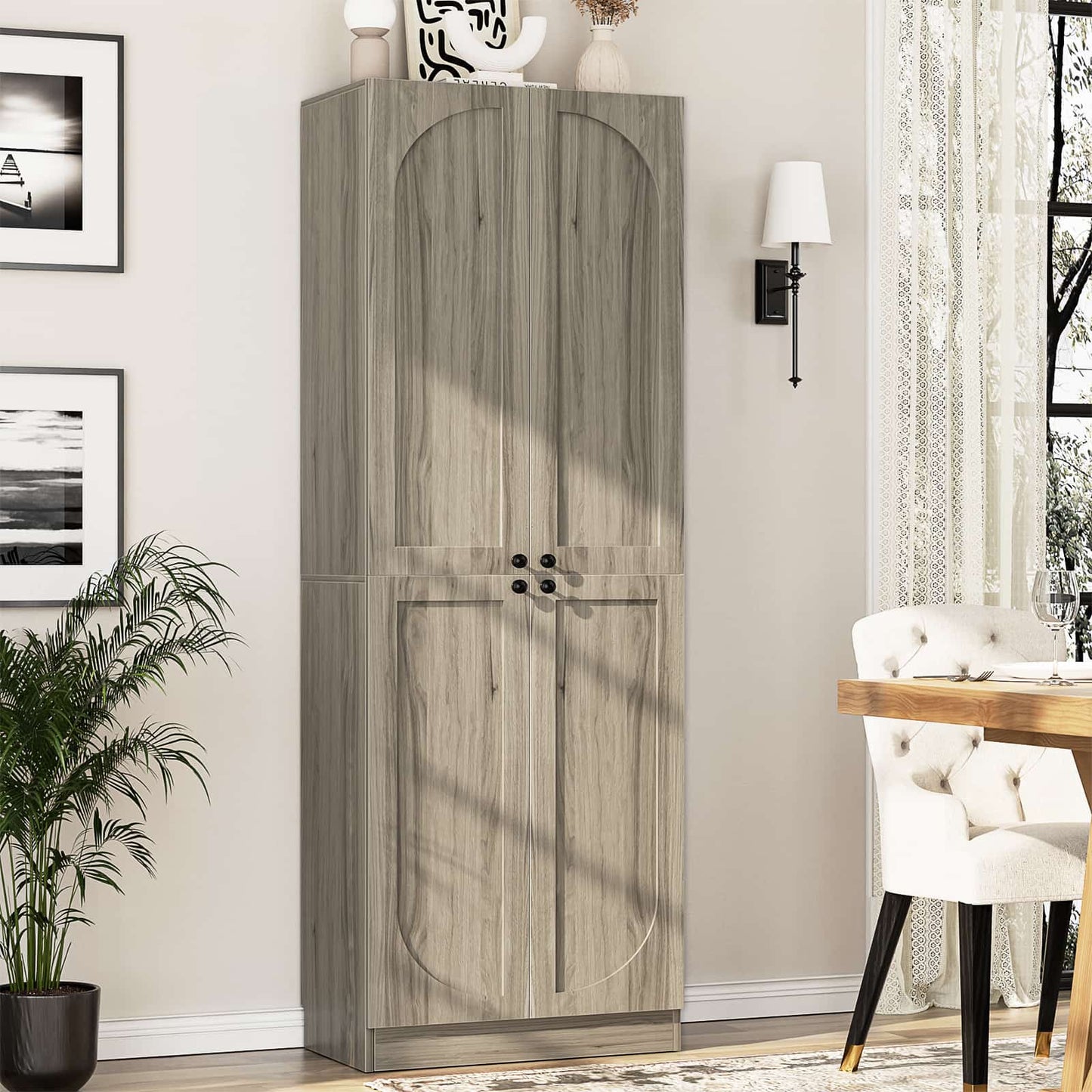 80" Kitchen Pantry, Extra Tall Arch Storage Cabinet with 4 Doors and Adjustable Shelves