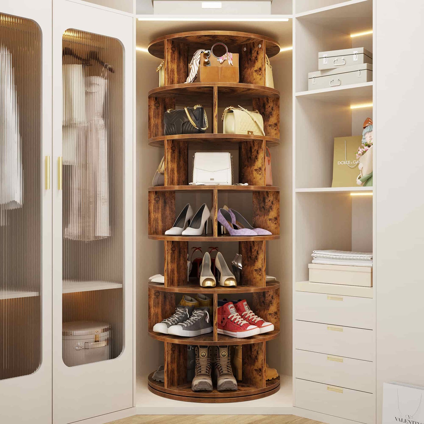7-Tier Spinning Shoe Rack Tower, 360 Revolving wooden Shoe Rack, 60'' for shoes ,bags, Display Lazy Susan ,Storage Carousel