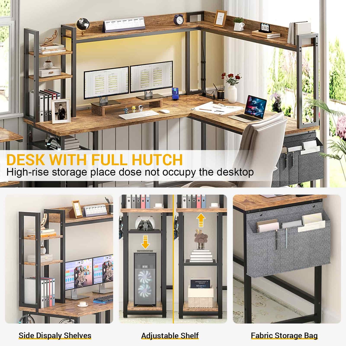 L Shaped Desk with Power Outlet and LED lights
